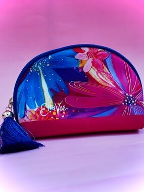 Etta Vee Floral Blue & Pink curved Cosmetic Pouch with Tassel